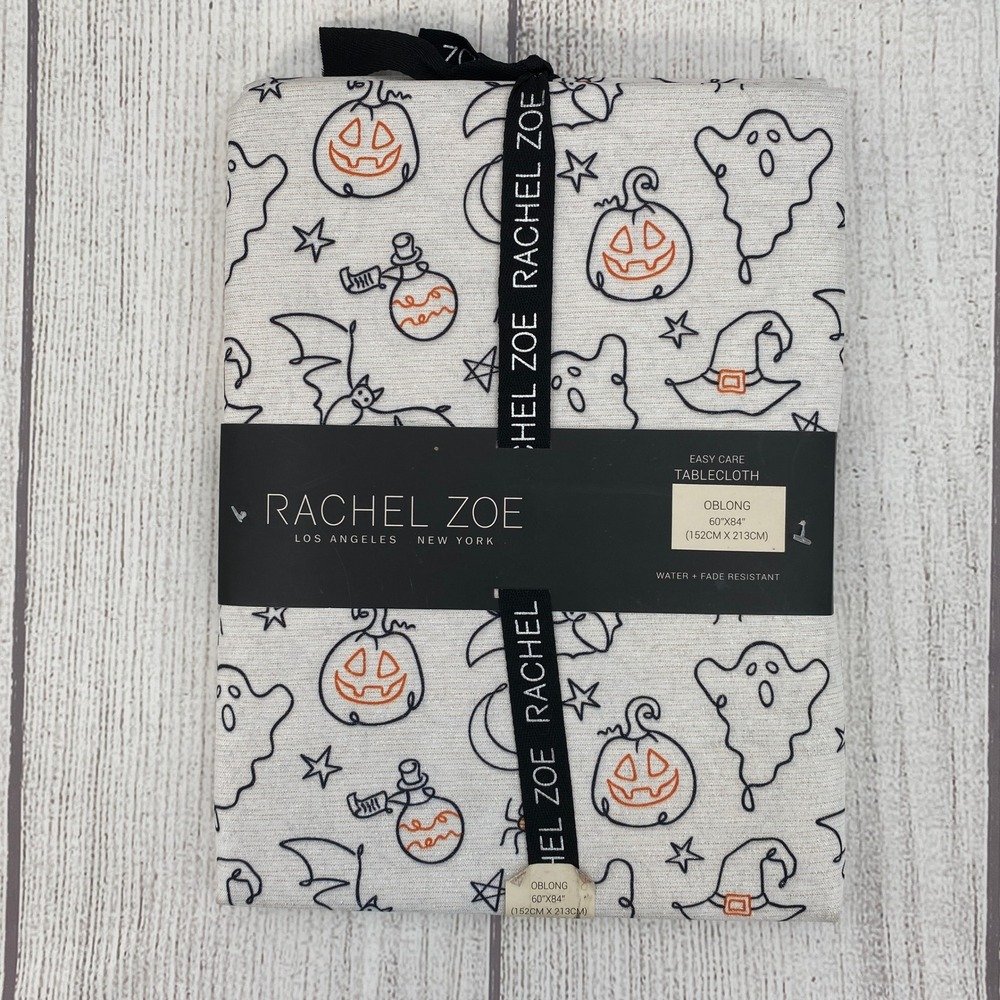 Rachel Zoe Tablecloth Halloween 60x84 Oblong White Ghost Pumpkin Metallic Print